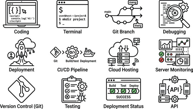Set of twelve professional black line icons representing various software development processes and technical operations displayed on white background