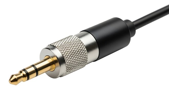 A close-up of a3.5mm audio jack connector with a gold-plated tip and black cable isolated on a white background, for electronics