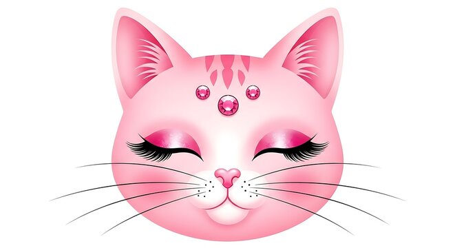 A cute pink cat face with closed eyes, long eyelashes, and three sparkling pink gemstones on the forehead isolated on white