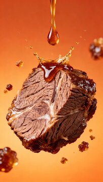 Cooked beef chunk with amber brown sugar syrup splash dripping down against warm orange background presents delicious savory braised meat food photography