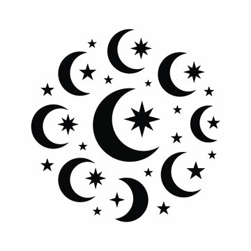 Black and white crescent moon and star pattern design