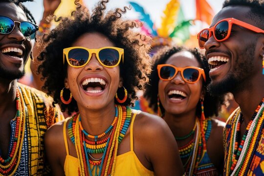 Diverse group of joyful Black people wear colorful clothing and beads. Friends laugh heartily wearing sunglasses at a vibrant street festival or carnival celebration with feathered decorations.