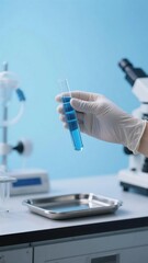 Fototapeta premium Scientist hand wearing white glove holds glass test tube filled with blue liquid in modern science laboratory for medical research and chemical experiments