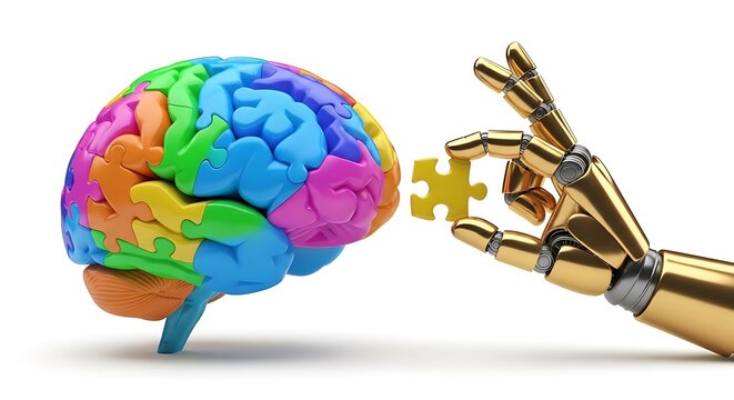 A robotic golden hand holding a yellow puzzle piece near a colorful brain made of puzzle pieces, representing artificial intelligence and logic
