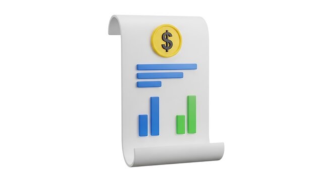 A3d render of a white scroll paper with a gold dollar coin and colorful bar charts, representing financial growth and data analysis