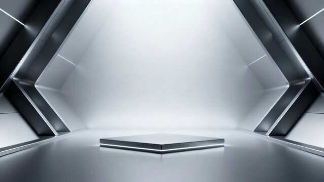 Empty square product podium in futuristic geometric gray black metallic tunnel space, modern minimalist clean display background for premium product presentation