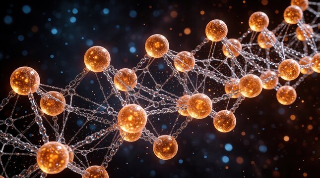 Potassium chloride crystal structure in 3D visualization. Glowing orange atomic spheres connected by lines represent ionic bonds. Scientific graphic model shows molecular lattice grid on dark blurred