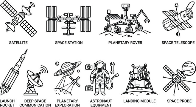 Detailed set of black and white space exploration icons featuring various scientific vehicles and astronaut gear on white background