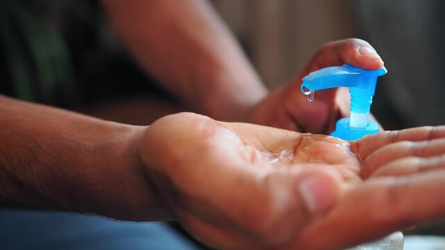 A person pumps hand sanitizer into their hand for cleaning