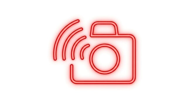 Neon red camera icon with wireless signal waves