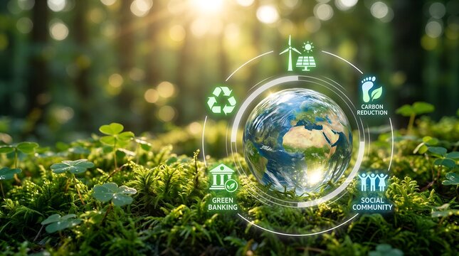 Sustainable Development Goals Concept with Earth Globe and ESG Icons in Lush Green Forest Setting