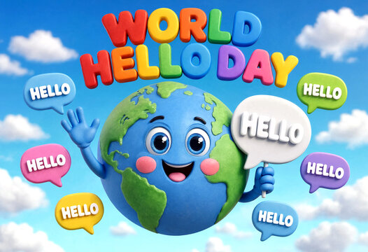 Cute smiling cartoon earth character waving with hello speech bubbles for world hello day celebration