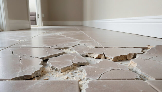 Cracked Tile Floor Damage in House Interior Structural Issue and Home Repair Concept
