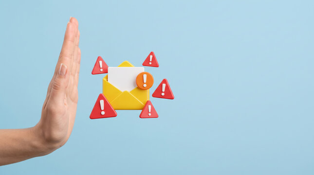 Email security warning spam malware inbox stop hand alert envelope Stop spam. hacker phishing scam attack. cyberspace online electronic mail, virus threat alert warning, security protection