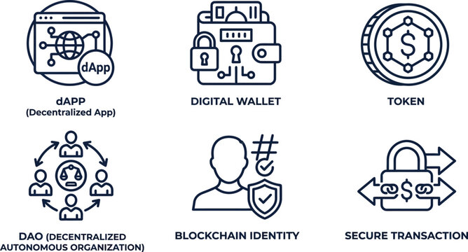 Detailed set of thin line icons representing modern web3 blockchain technology concepts arranged in a grid style on white background