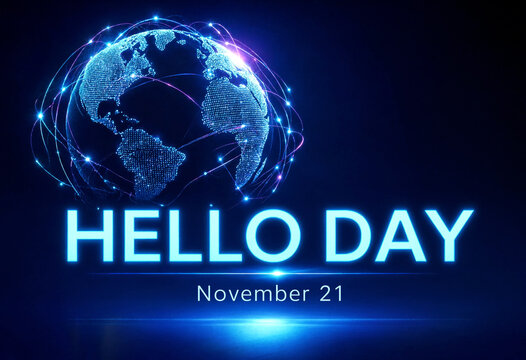 Futuristic glowing world map with digital connections celebrating hello day on november twentyfirst