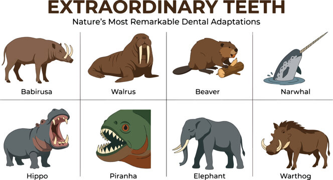 Extraordinary teeth vector infographic set with nature's most remarkable dental adaptations