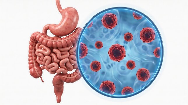 Human digestive system with magnified viruses medical illustration