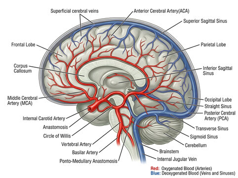 Human brain arterial and venous system diagram