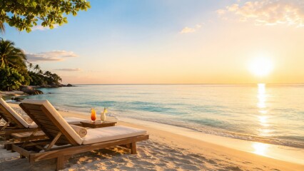 Fototapeta premium Empty Tropical Beach Loungers Facing Calm Ocean at Sunrise with Refreshing Cocktails and Peaceful Vacation Atmosphere
