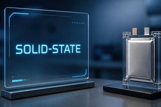 Solid state batteries research on next gen technology in futuristic blue laboratory display