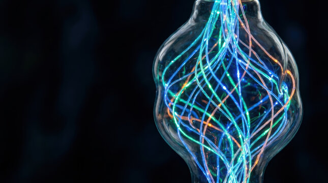 Online digital submission communication abstract glass bulb glowing filament dark background