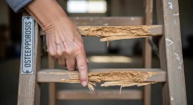 Osteoporosis hand pointing broken wooden step ladder close up medical concept bone loss fragile structure injury risk