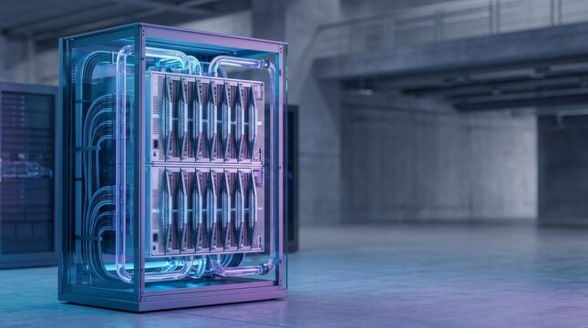 Building Sustainable AI Infrastructure with Energy-Efficient Data Centers, Futuristic server rack with liquid cooling in a modern data center environment.