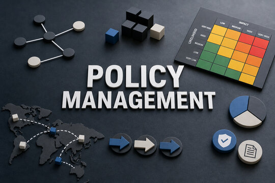 Dark 3D business illustration featuring policy management text, a risk matrix, global network, workflow arrows, charts, security, and document icons.