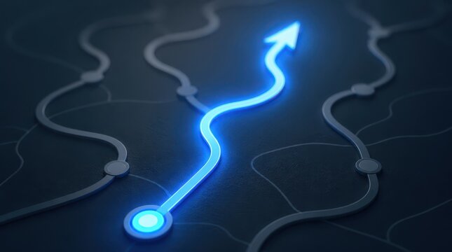 Strategic navigation glowing path concepts. Glowing blue arrow path showing successful direction choice and growth