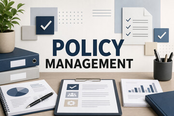 Obraz premium Organized office workspace with policy management text, checklists, reports, folders, charts, clipboard, and approval icons in a clean corporate style.