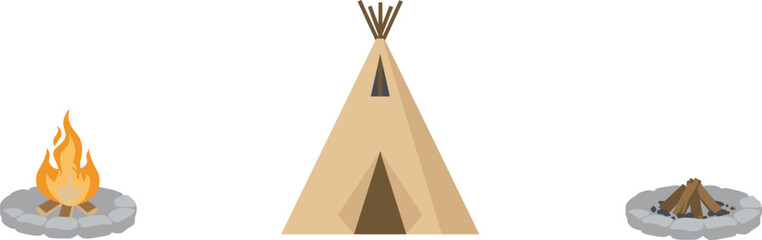 Native American Teepee Tent and Campfire Elements Set with Burning Flame and Wood Pile Pit for Historical Tribal Camping Graphic Designs © MstAkhlima