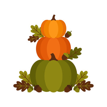 Colorful autumn pumpkins stack with leaves and acorns, seasonal harvest illustration