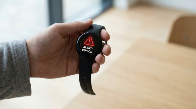 Smartwatch alert rumor hand technology social media disinformation warning communication digital device screen person indoors casual wrist gadget