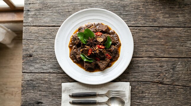 Delicious beef rendang served on a plate
