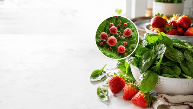 Fresh Spinach and Strawberries with Cyclospora Parasite Contamination Concept for Food Safety Awareness