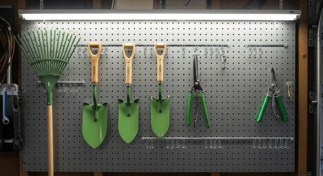 Neatly Organized Garden Tools Hang Ready For Work