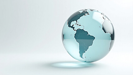 Fototapeta premium Transparent globe inside soccer ball suspended on white background with sharp reflections