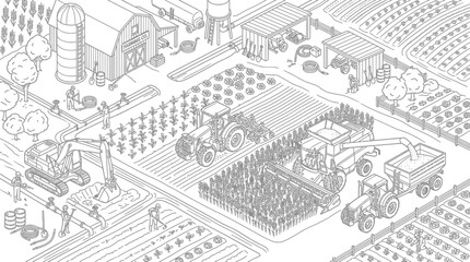 Fototapeta premium Isometric farm illustration showing agricultural machinery, crops, and buildings in a rural landscape.