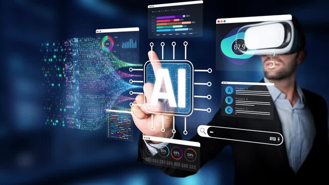 A Businessman Interacting with Virtual Reality Technology in a Data-Driven Environment Representing Artificial Intelligence Innovations Sigmoid