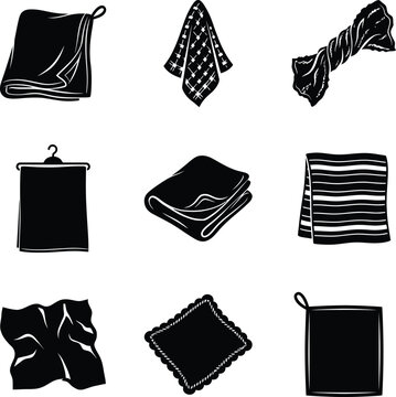 Collection of various fabric towel types and household cloths in a clean graphic illustration