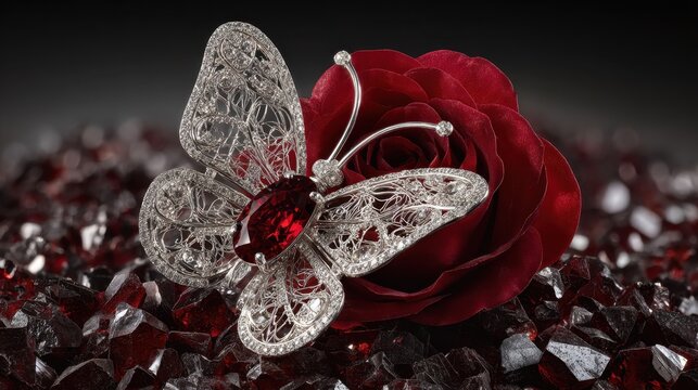 Exquisite crystal butterfly brooch with a deep red gemstone rests upon a velvety rose and scattered crystals, embodying luxury and delicate craftsmanship.