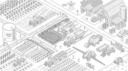 Obraz premium Isometric illustration of a modern farm with tractors, machinery, and crops in a line art style.