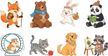 Fototapeta premium Cute Animal Characters Activities Vector Set featuring Hiking Fox, Cozy Bear, Happy Rabbit, Reading Panda, Running Hamster, Playful Cat, Dog, and Painting Raccoon