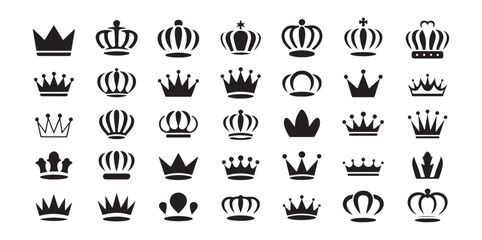 Large assortment of thirty-five black crown icons for graphic design and branding © Atik