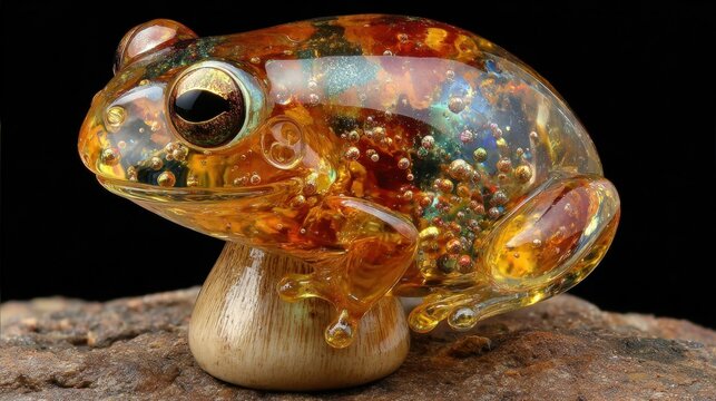 Intricate Glass Frog Sculpture with Amber Hues and Transparent Skin Showcasing Internal Details