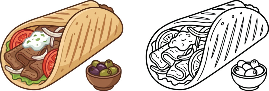 Cartoon illustration of a savory gyro or shawarma wrap presented in both color and outline styles with a side of olives ideal for restaurant menus food blogs or branding