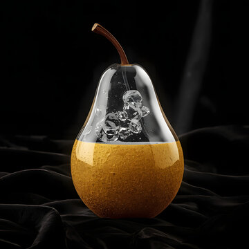 Golden pear gradually transforming into transparent crystal on a black background.