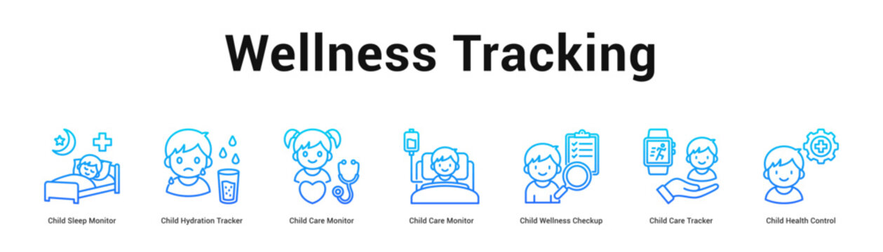 Wellness Tracking web banner icon vector illustration concept, Child Sleep Monitor, Child Hydration Tracker, Child Care Monitor, Child Care Monitor, C