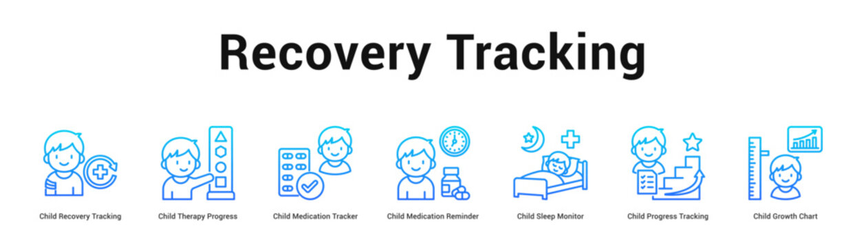 Recovery Tracking web banner icon vector illustration concept, Child Recovery Tracking, Child Therapy Progress, Child Medication Tracker, Child Medica